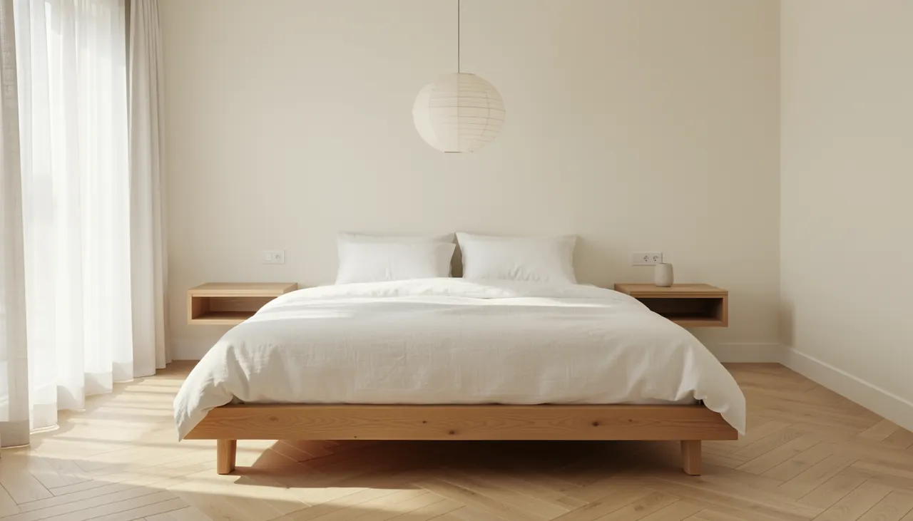 Chambre japandi épurée : lit plateforme chêne, linge lin lavé blanc, table chevet flottante, suspension washi, mur blanc chaud