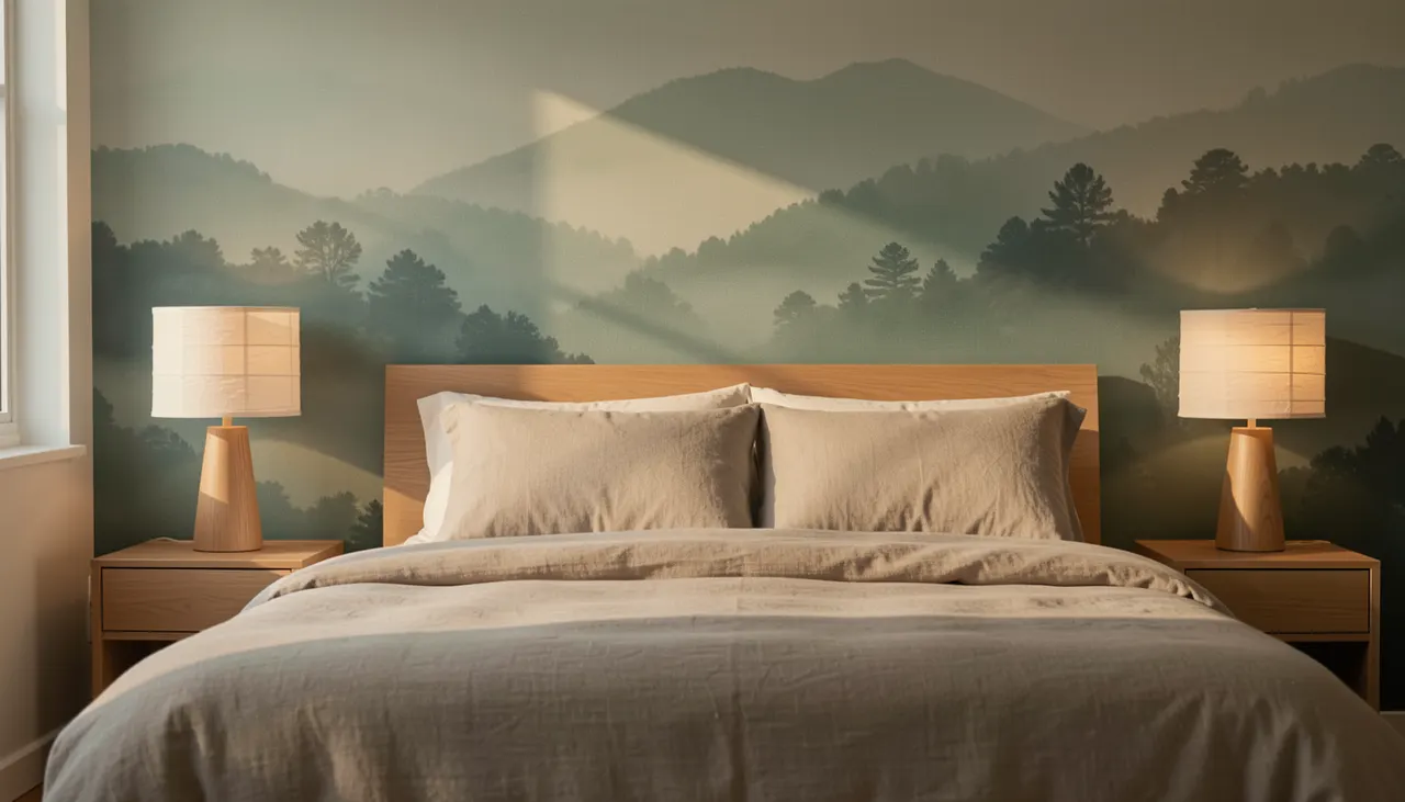Chambre parentale avec papier peint panoramique paysage brumeux bleu vert derrière la tête de lit, linge de lit lin lavé