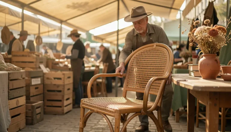 Chineur examinant une chaise vintage en rotin dans une brocante ensoleillée