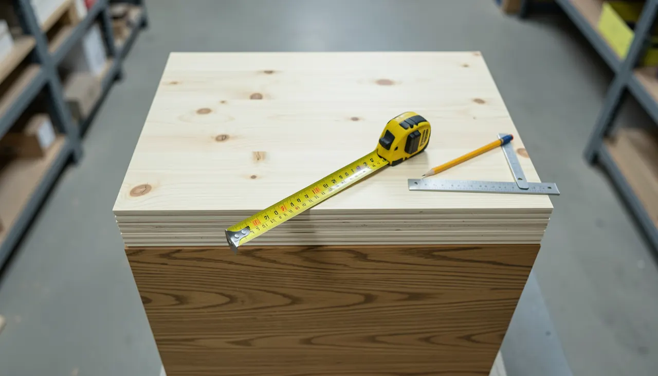Panneaux de bois brut pin et chêne empilés dans un atelier avec mètre ruban et crayon de charpentier