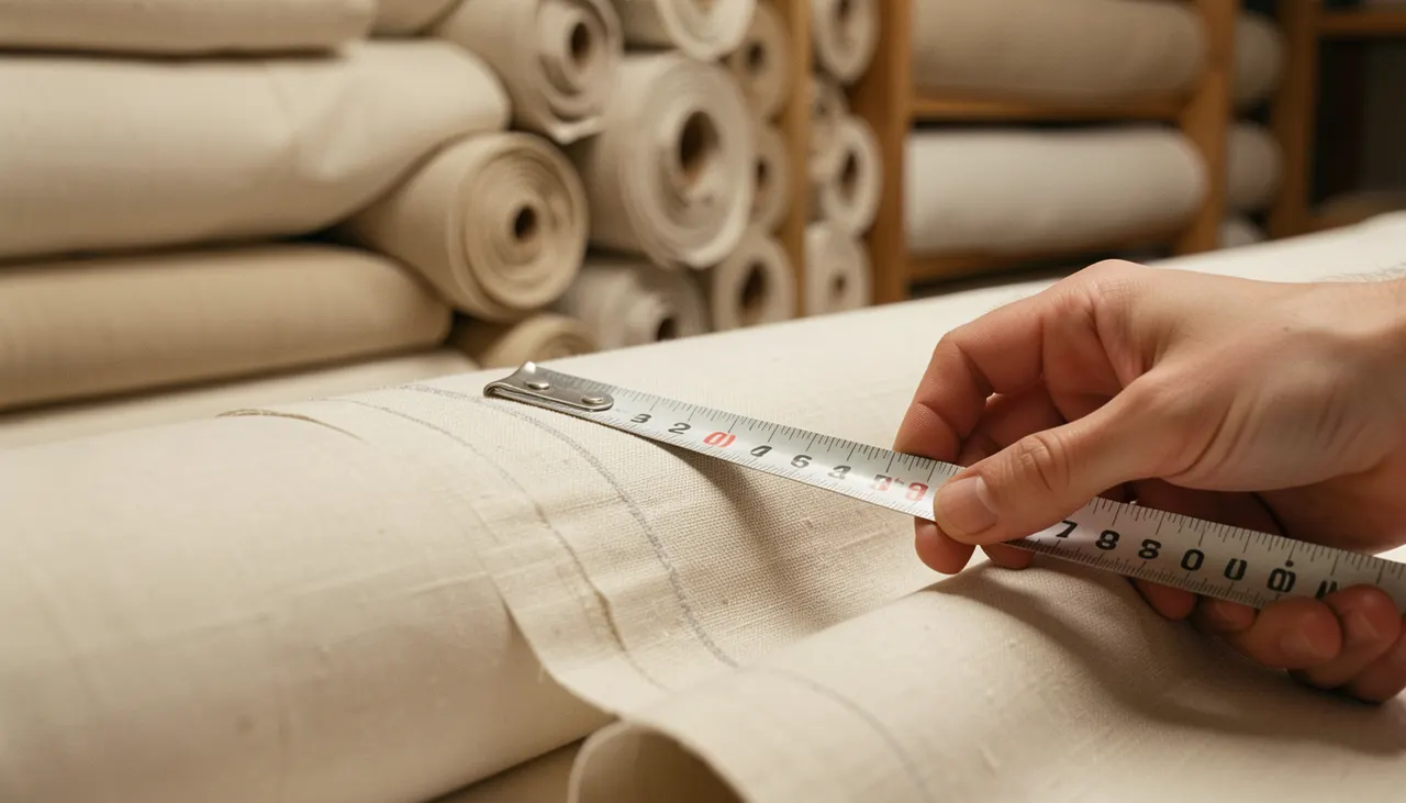 Rouleaux lin froissé atelier coupe mètre mesure ruban