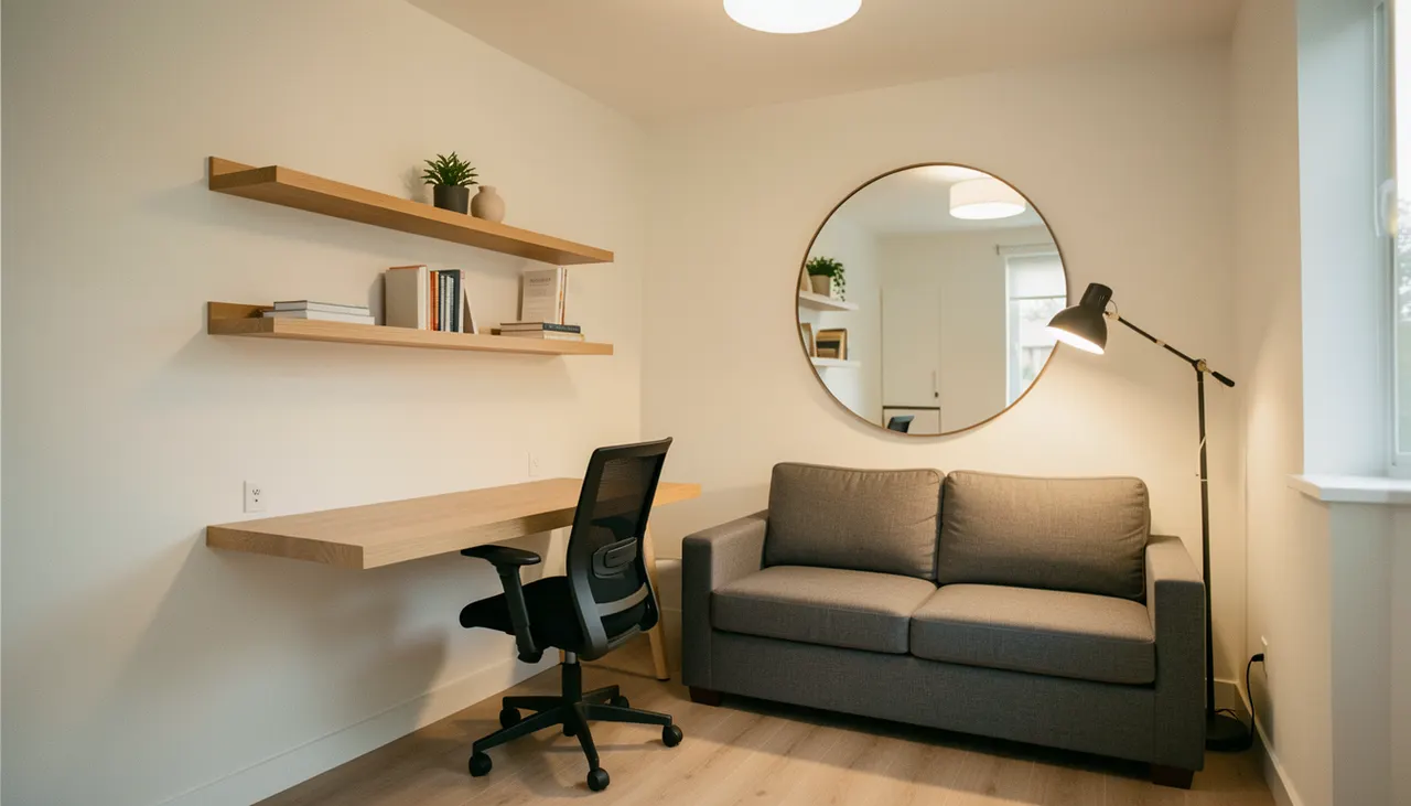 Coin bureau intégré dans petit salon avec étagères murales et chaise design