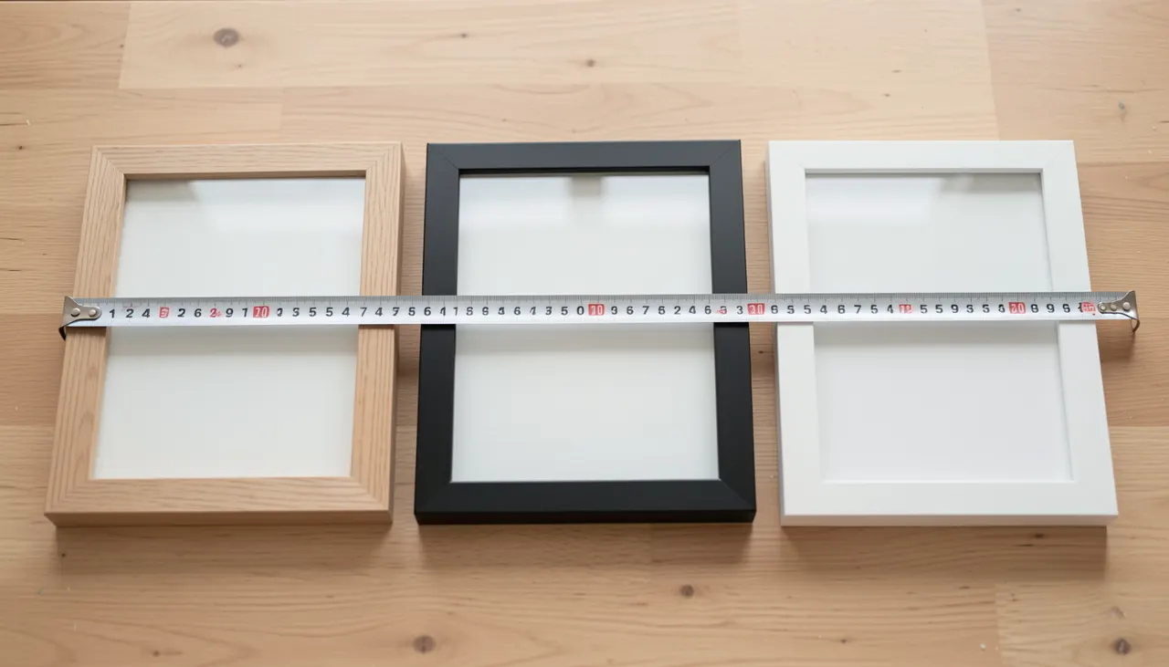 Échantillons de cadres en chêne, aluminium noir et blanc mat sur table de travail avec mètre ruban