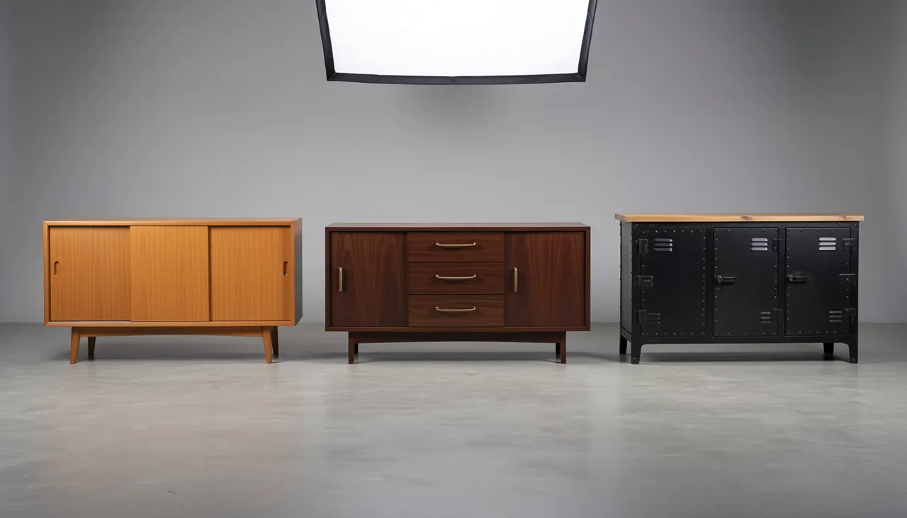 Trois enfilades vintage côte à côte : scandinave teck, italienne noyer, industrielle métal