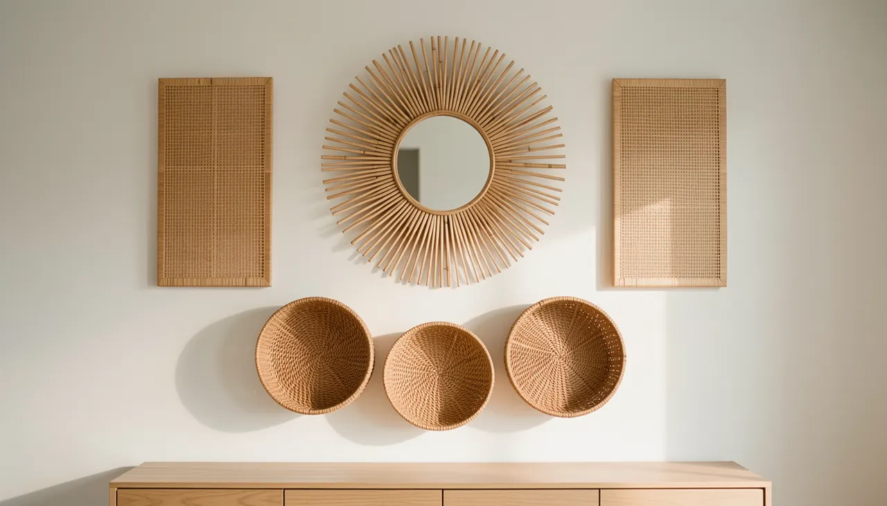 Mur de galerie rotin composé : miroir soleil central, deux panneaux rectangulaires, trois corbeilles rondes, espacement régulier 8 cm