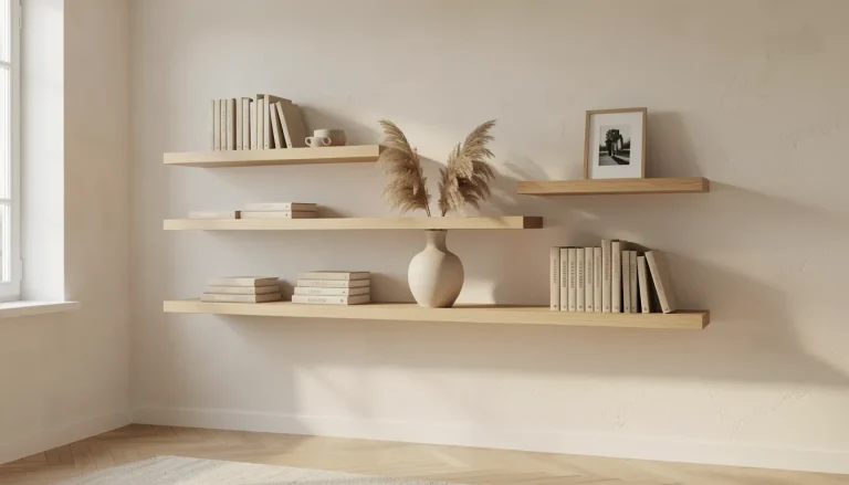 Salon minimaliste avec trois étagères murales invisibles en chêne clair chargées de livres et céramiques