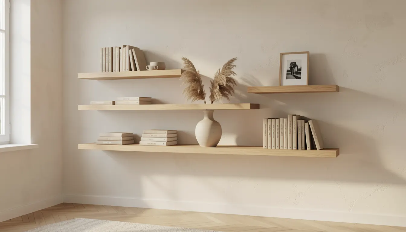 Salon minimaliste avec trois étagères murales invisibles en chêne clair chargées de livres et céramiques