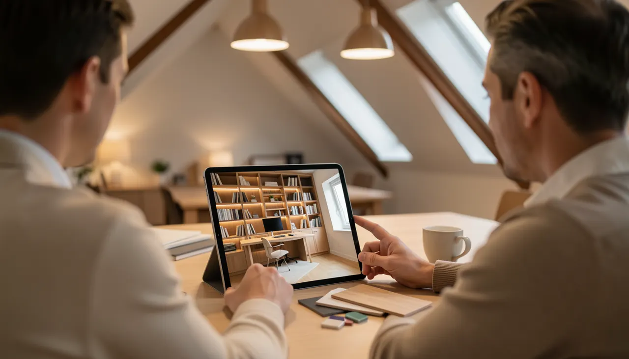 Concepteur montrant plans 3D bibliothèque sur mesure sur tablette à clients