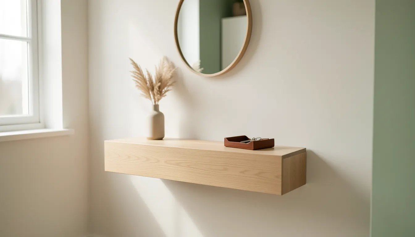 Console design étroite en chêne clair fixée au mur dans une entrée étroite avec miroir rond et lampe