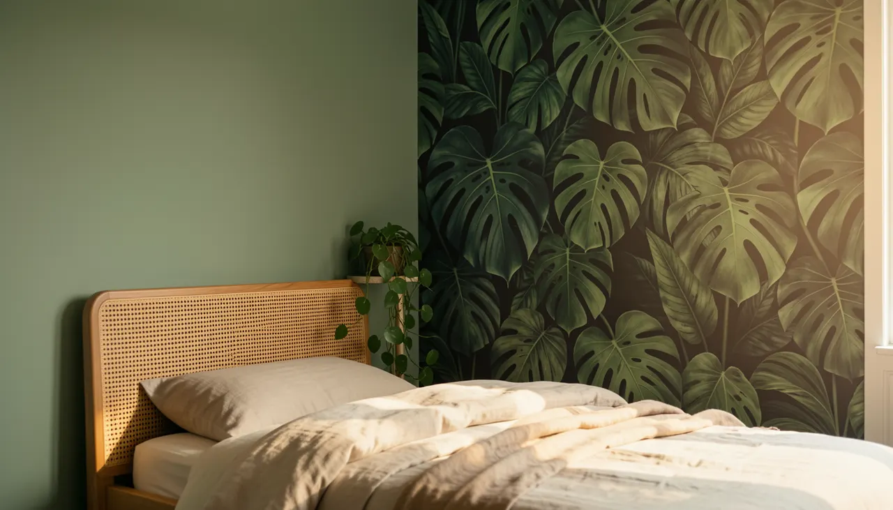 Chambre avec papier peint panoramique jungle et mur adjacent peint vert sauge