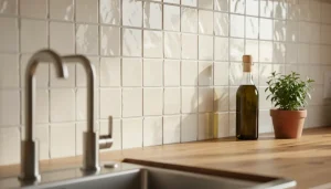 Crédence cuisine en zellige blanc nacré avec reflets irréguliers sous lumière naturelle