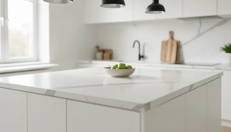 Île centrale de cuisine avec plan de travail quartz blanc veiné finition polie sous lumière naturelle