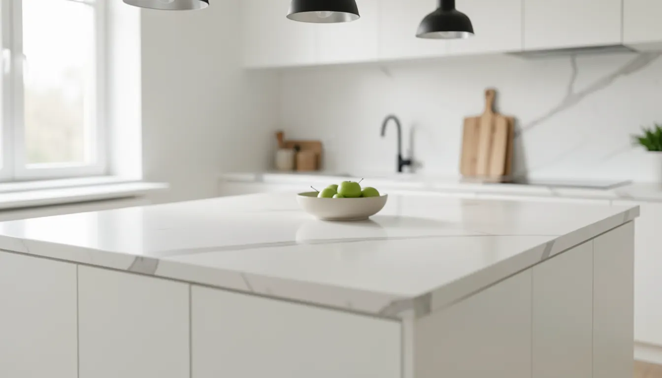 Île centrale de cuisine avec plan de travail quartz blanc veiné finition polie sous lumière naturelle
