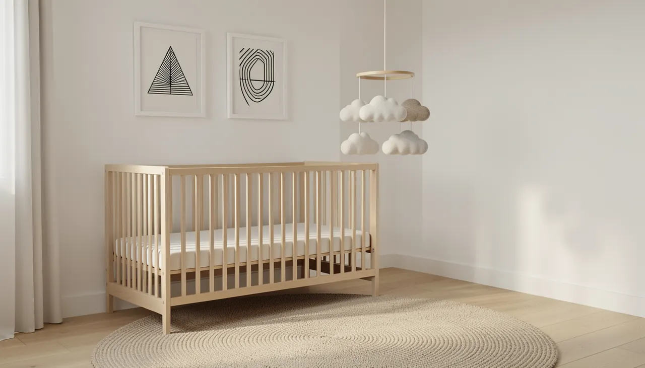 Mobile bois suspendu au-dessus lit bébé, cadres muraux illustrations graphiques, tapis rond laine