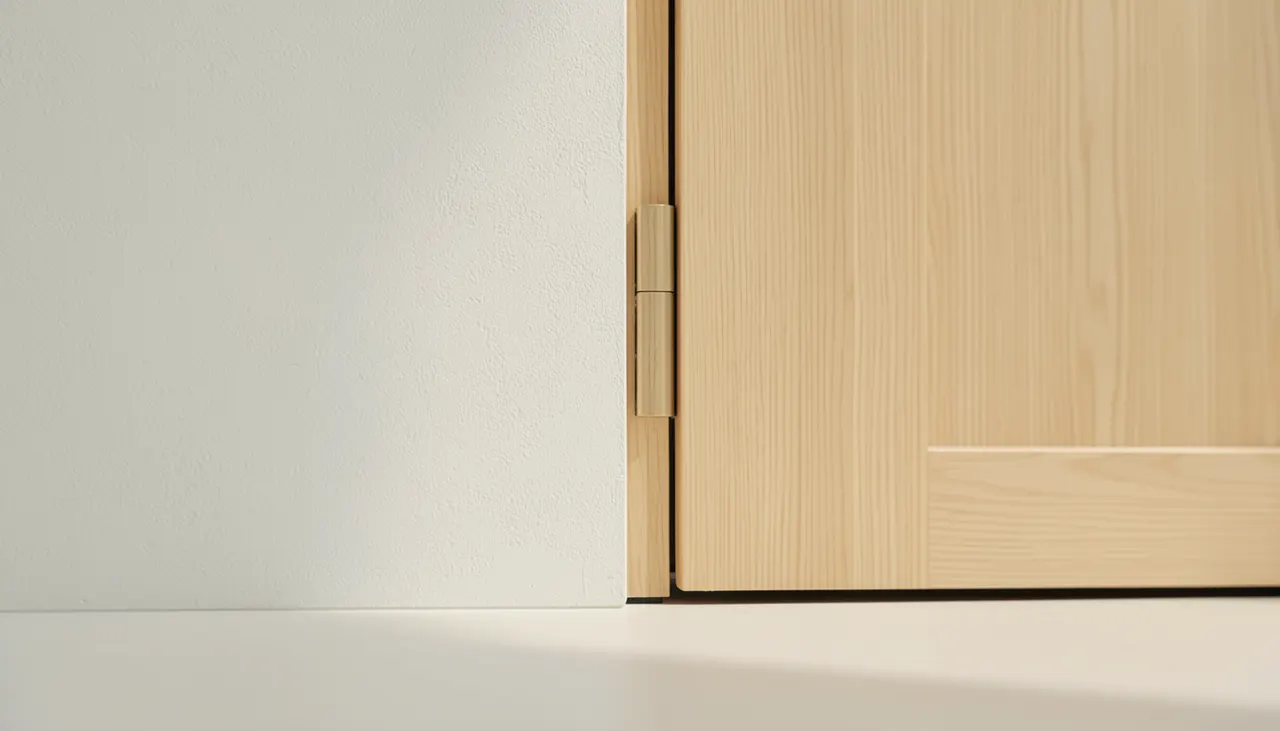 Mur blanc texturé avec détail de plinthe encastrée et porte affleurante sans poignée