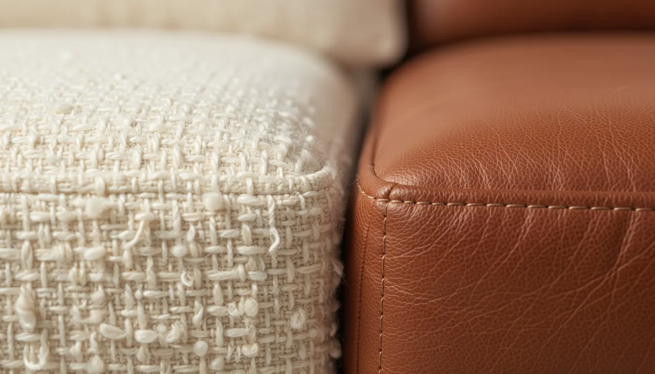 Gros plan texture tissu bouclé beige et cuir cognac sur modules de canapé modulable