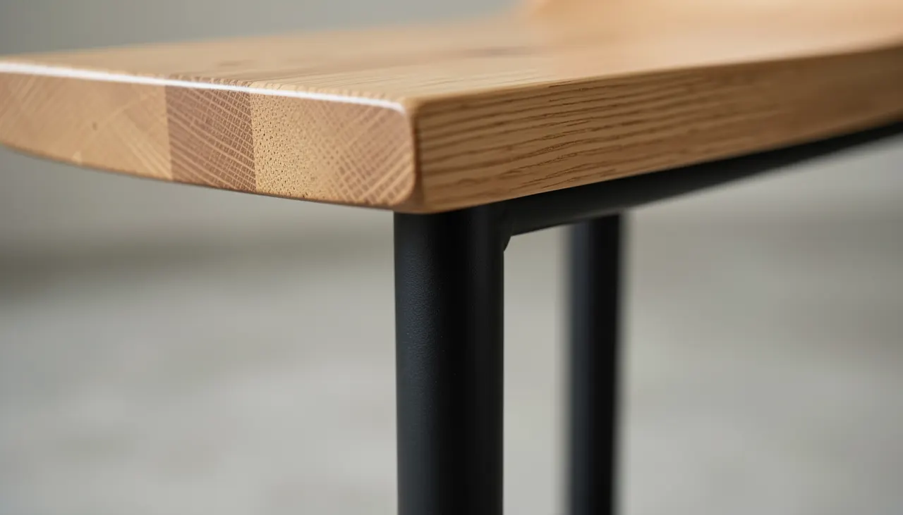 Détail matière : structure acier noir mat, assise chêne huilé, repose-pied intégré, lumière latérale