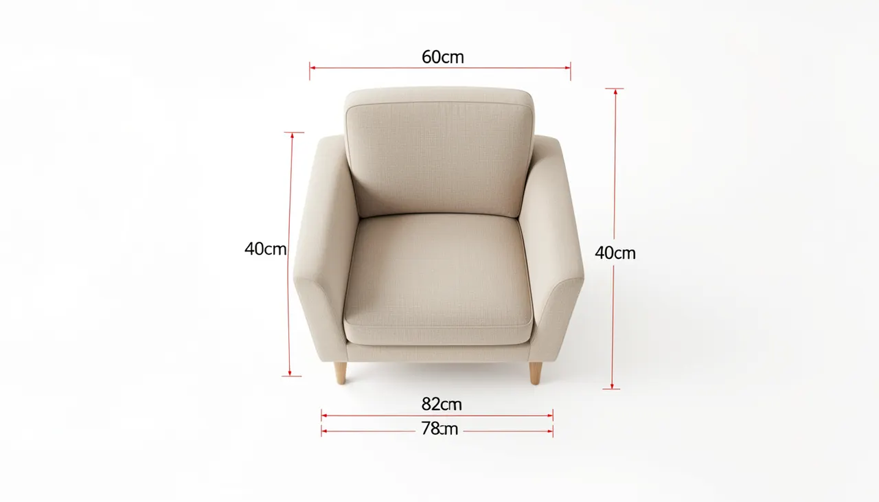 Plan coté d'un salon avec fauteuil design et distances de circulation