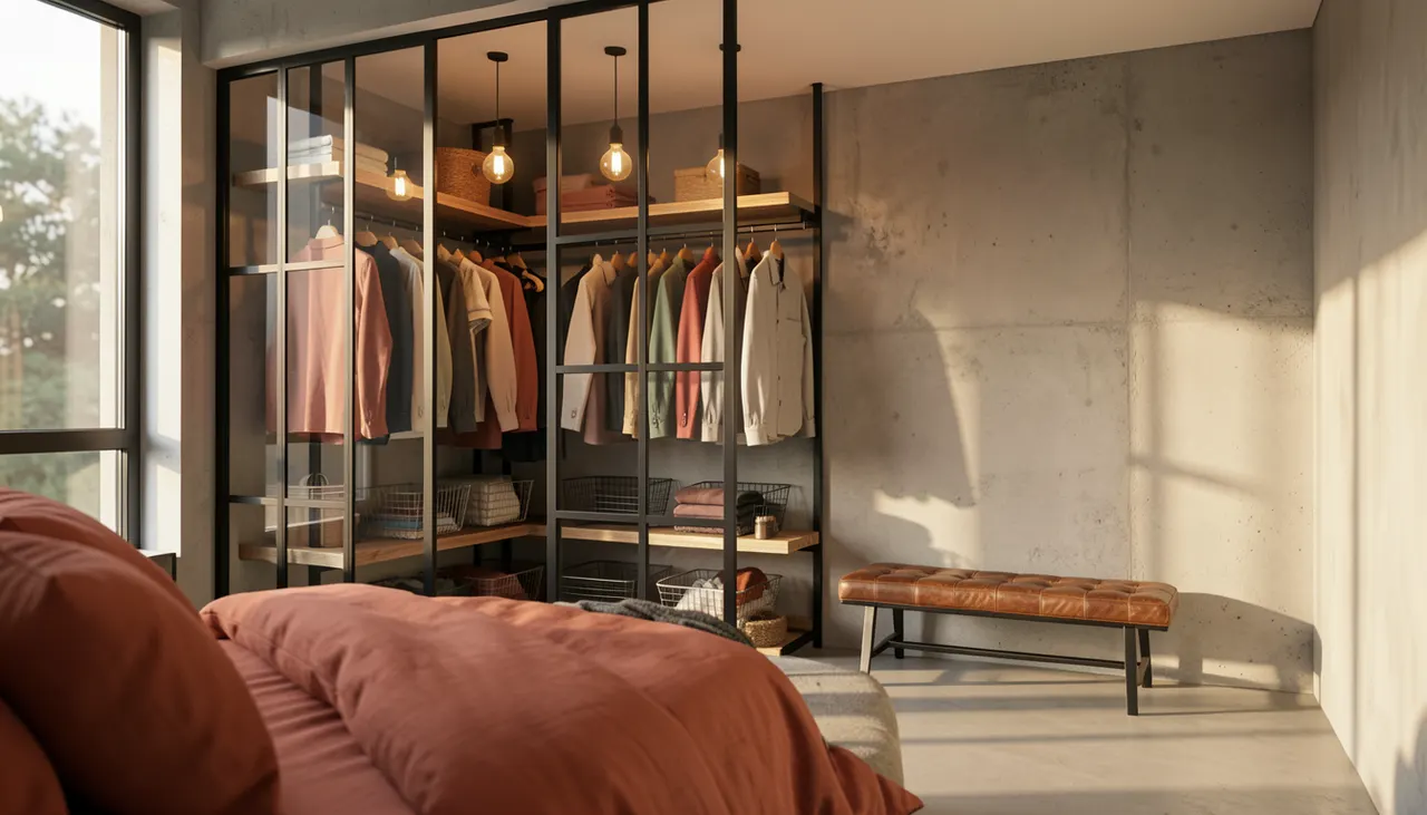 Chambre avec dressing intégré style industriel acier noir bois brut