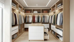 Grand dressing sur mesure ouvert avec éclairage intégré, penderies bois clair et tiroirs laqués