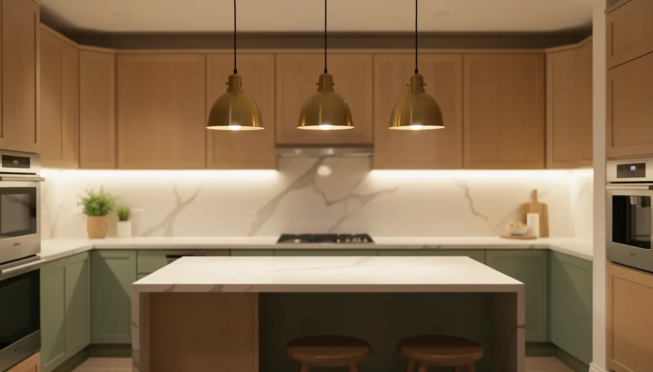 Cuisine de soirée éclairée par bandeaux LED sous meubles hauts 4000K et suspensions laiton au-dessus îlot central, ambiance chaleureuse