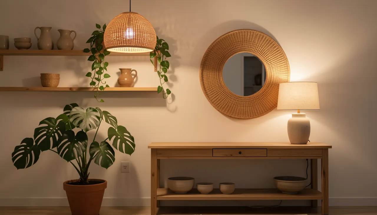 Suspension en rotin, lampe à poser lin, plantes monstera et pothos, miroirs rotin, étagère bois