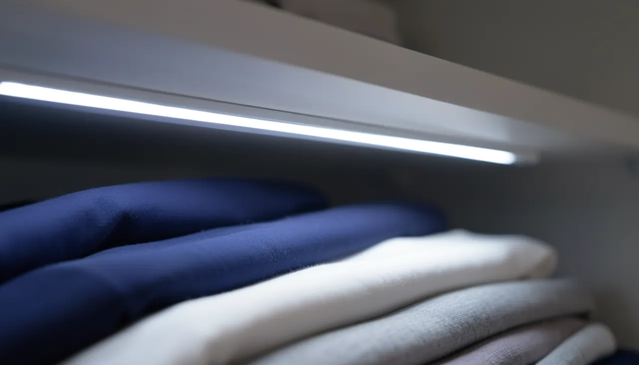 Détail éclairage LED sous étagère dressing 4000K