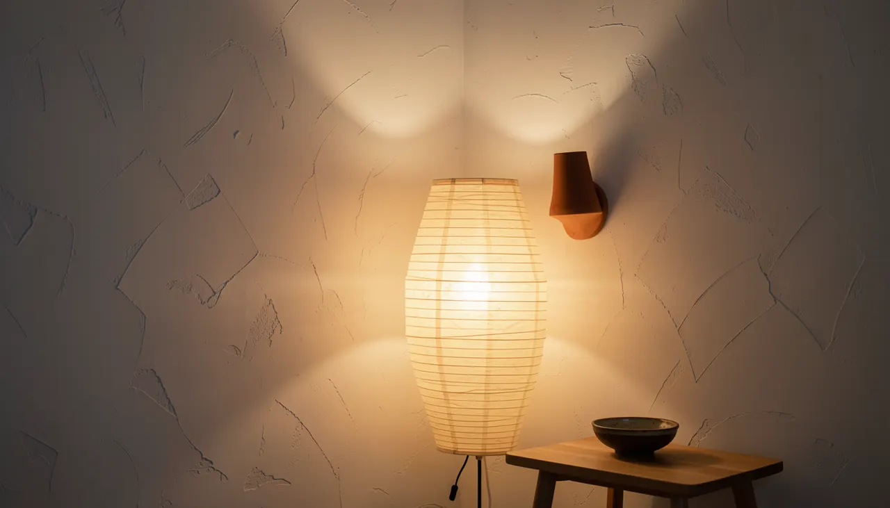 Coin salon éclairé par une lampe washi au sol et une applique terre cuite, lumière chaude sur mur enduit à la chaux