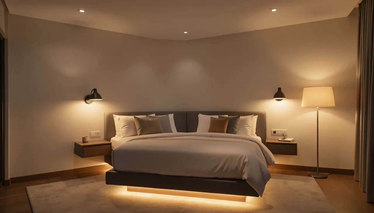 Éclairage chambre parentale : appliques liseuses, bande LED sous lit, plafonnier discret, variateurs