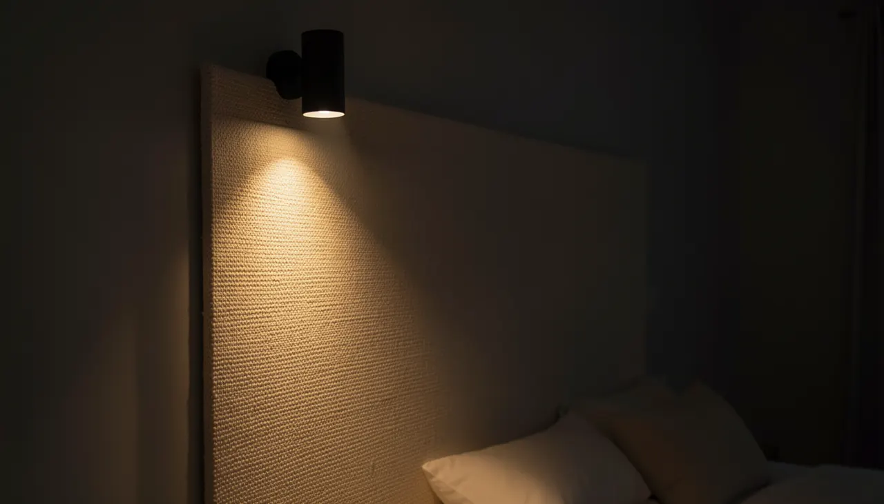 Applique murale discrète éclairage rasant 2700K sur tenture textile chambre nuit