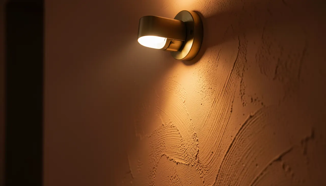 Détail d'applique murale orientable éclairant un mur terracotta texturé à rasant