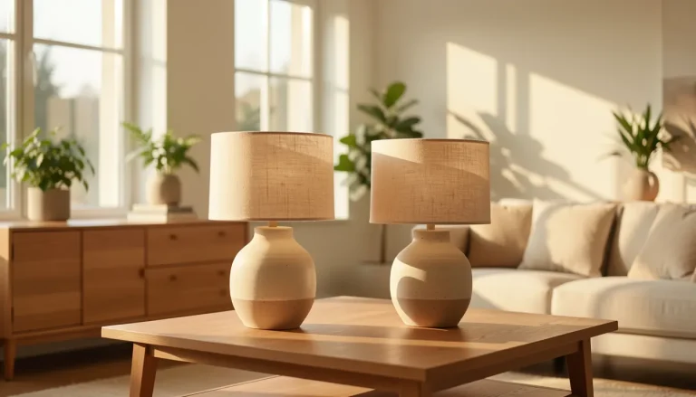 Salon lumineux avec deux lampes à poser design sur table basse et console, lumière chaude ambiante