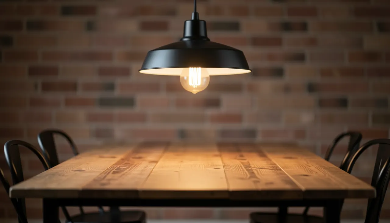 Suspension industrielle émaillée noire au-dessus table bois métal, lumière chaude 2800K