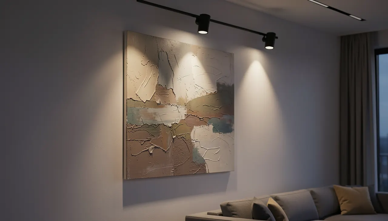 Spot LED orientable éclairant un tableau abstrait texturé dans un salon, faisceau net sur la toile