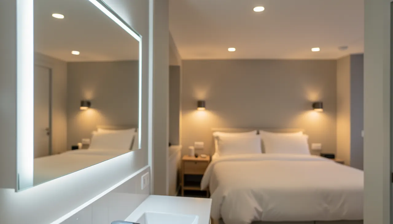 Détail d'un miroir de salle de bain avec réglette LED 4000K IRC>90, appliques chevet 2700K de chaque côté du lit