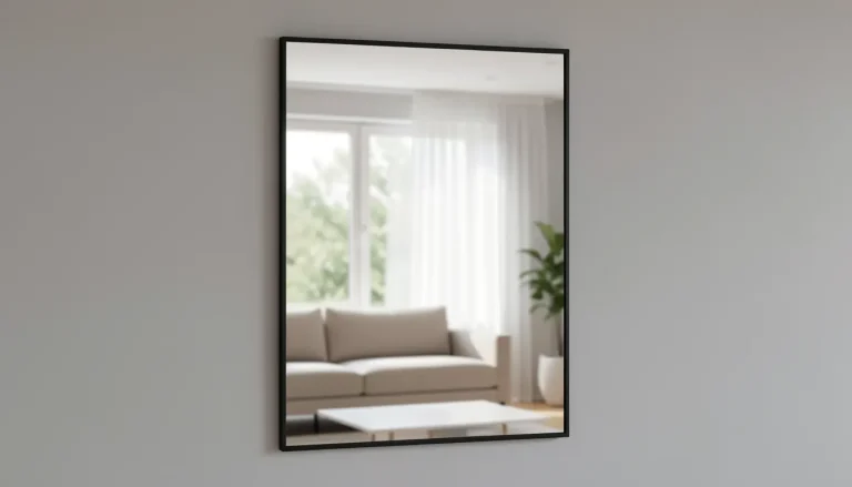 Grand miroir mural rectangulaire à cadre noir dans un salon lumineux reflet fenêtre