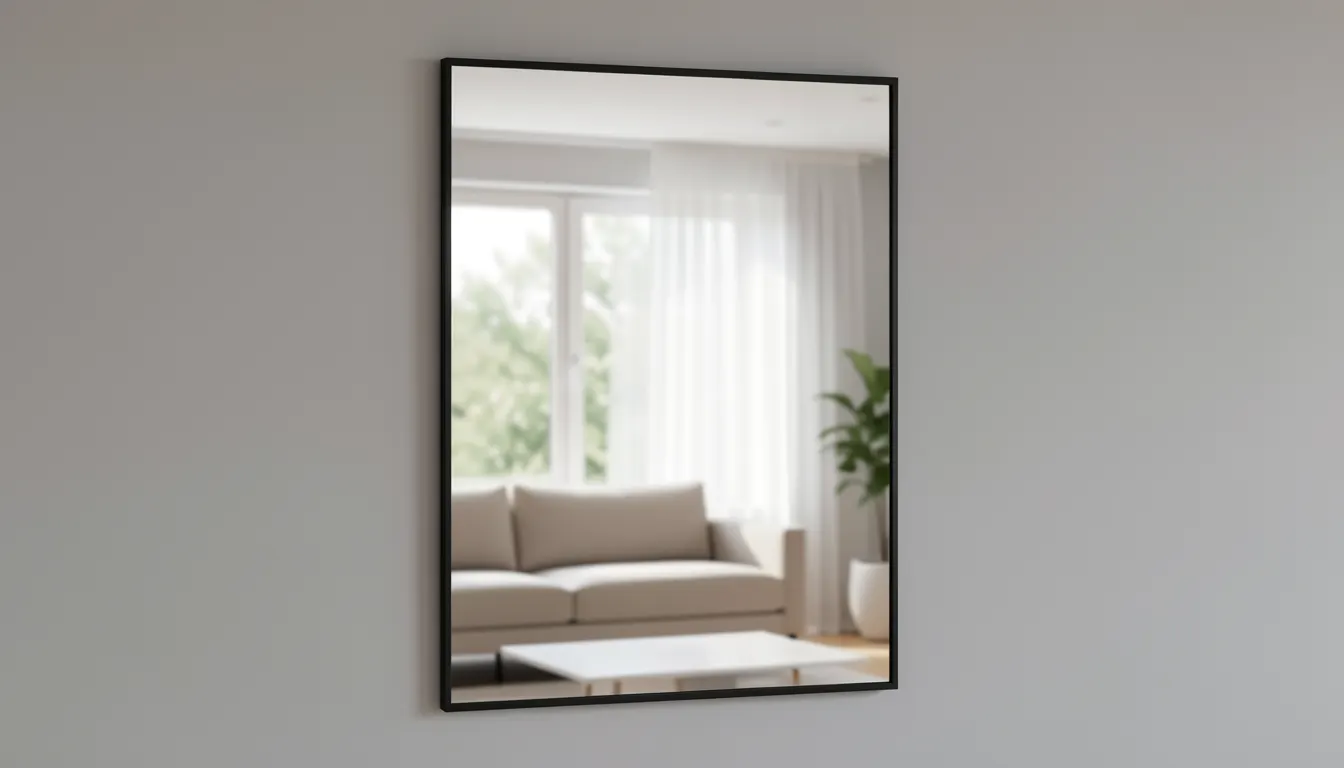 Grand miroir mural rectangulaire à cadre noir dans un salon lumineux reflet fenêtre