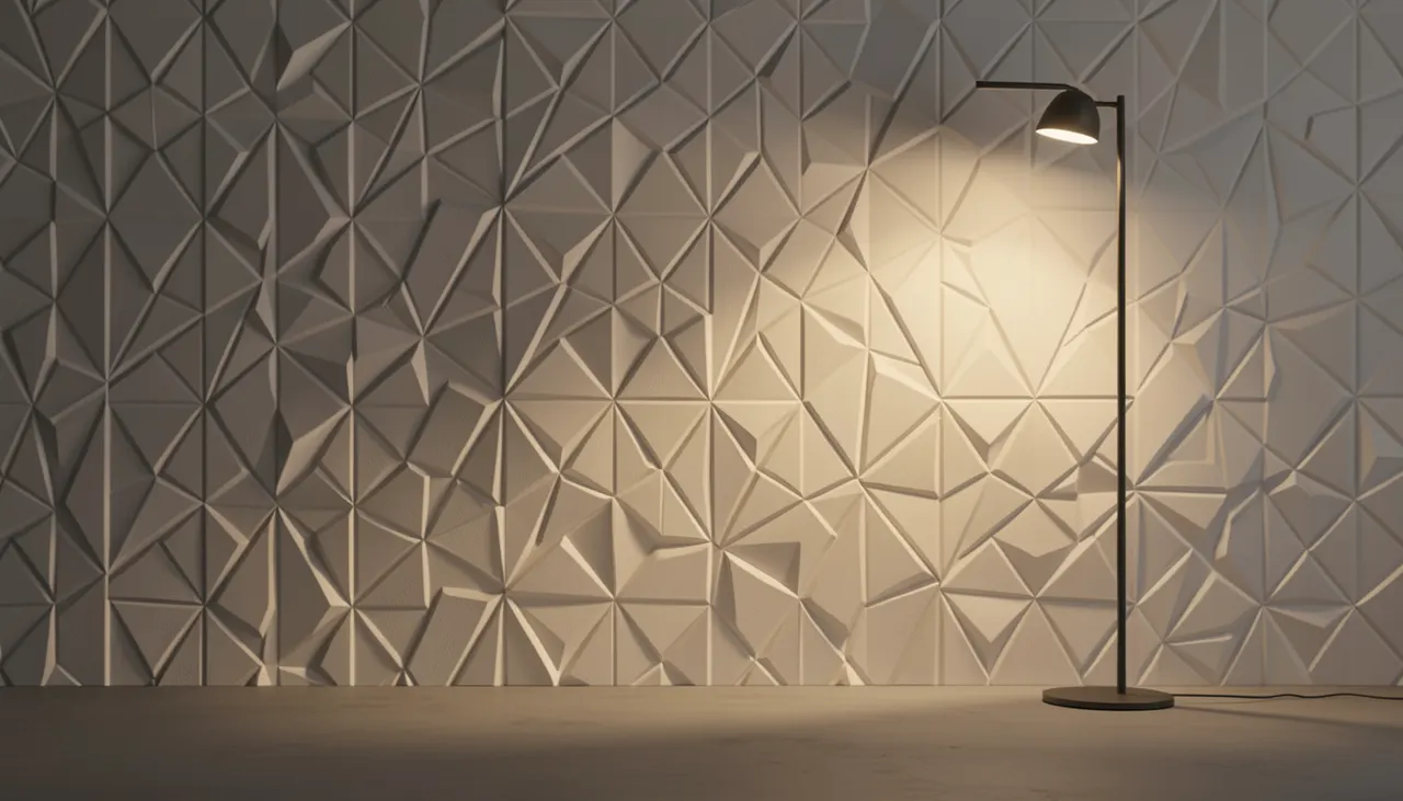 Détail papier peint texturé éclairé par lumière rasante lampe sur pied
