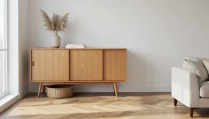 Enfilade vintage en teck années 60 dans un salon contemporain aux murs blancs