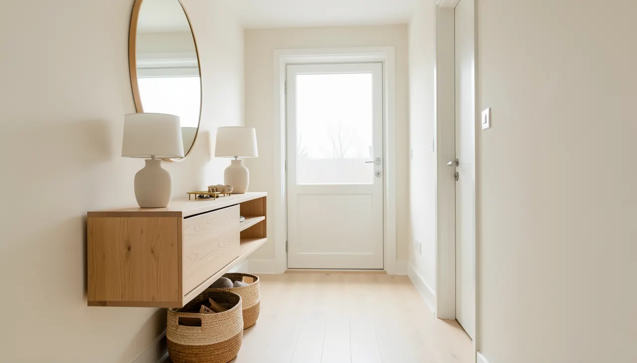 Entrée étroite style scandinave avec console chêne clair, miroir rond, panière osier et lampe céramique