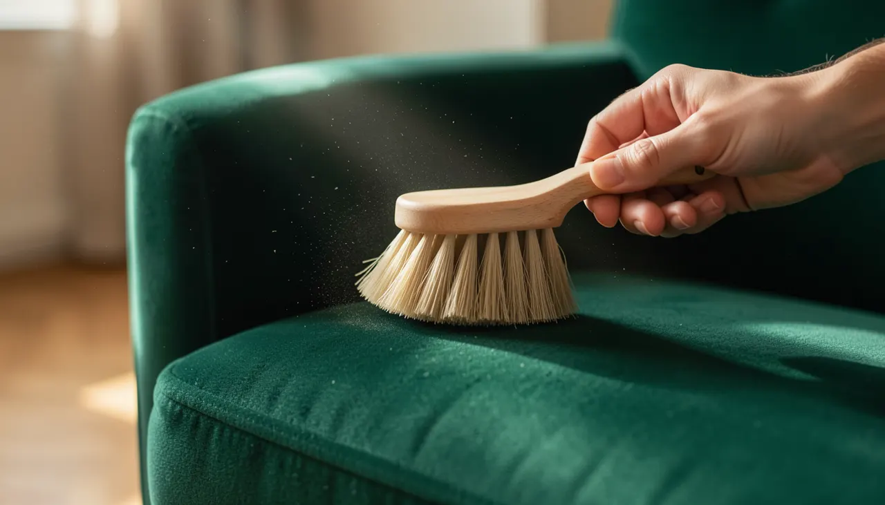 Geste d'entretien : brossage doux d'un fauteuil en velours avec une brosse à vêtements