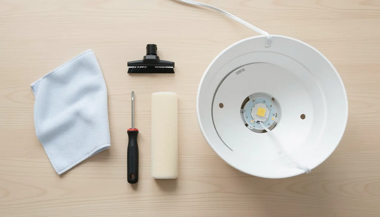 Maintenance lampe à poser : aspirateur abat-jour, chiffon base, vérification cordon