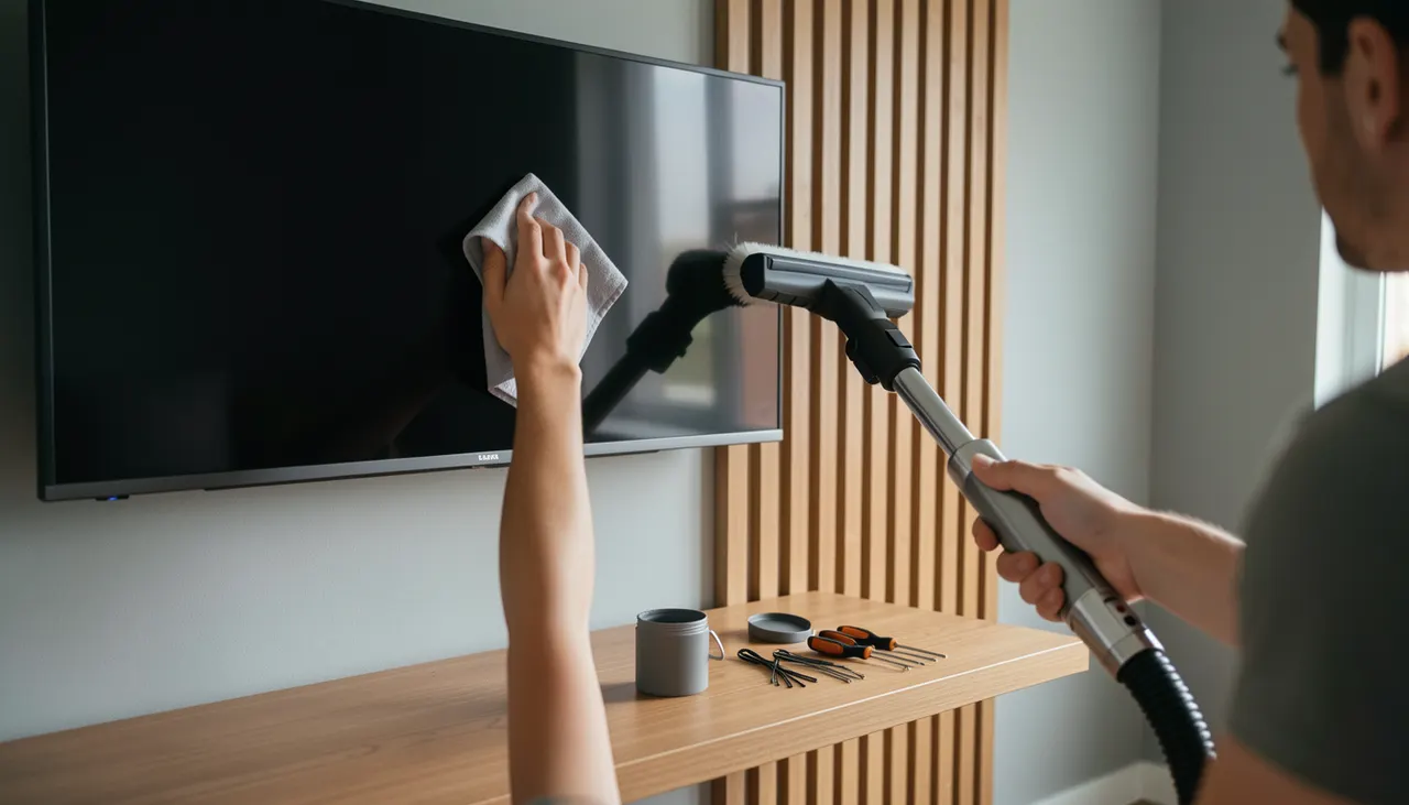 Maintenance mur TV : chiffon microfibre sur dalle, aspirateur brosse sur tasseaux bois, pot retouche peinture à côté