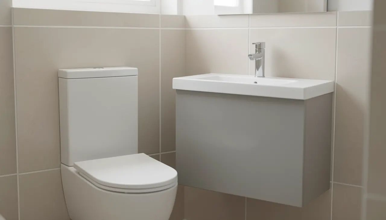 WC suspendu compact et meuble vasque peu profond dans petite salle de bain