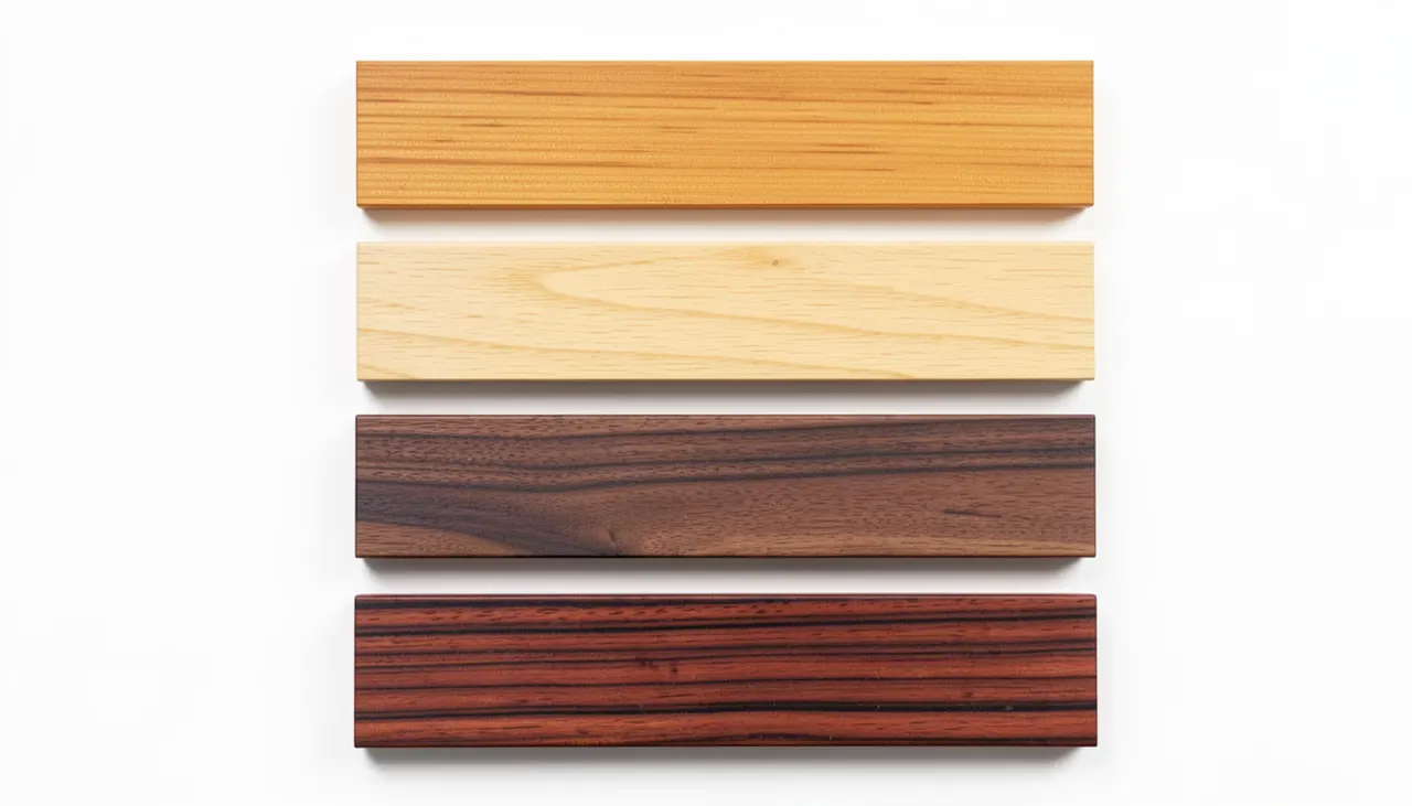 Échantillons de bois vintage : teck miel, chêne clair, noyer foncé, palissandre