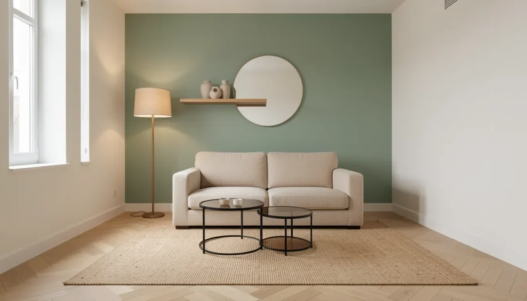 Petit salon aménagé avec canapé compact, table basse gigogne et miroir mural agrandissant l'espace