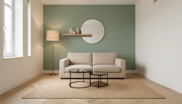 Petit salon aménagé avec canapé compact, table basse gigogne et miroir mural agrandissant l'espace