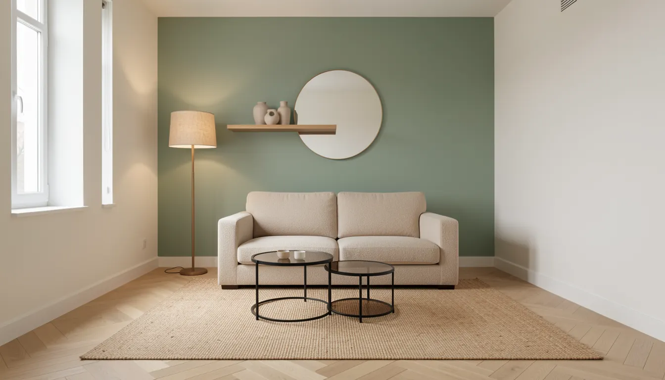 Petit salon aménagé avec canapé compact, table basse gigogne et miroir mural agrandissant l'espace