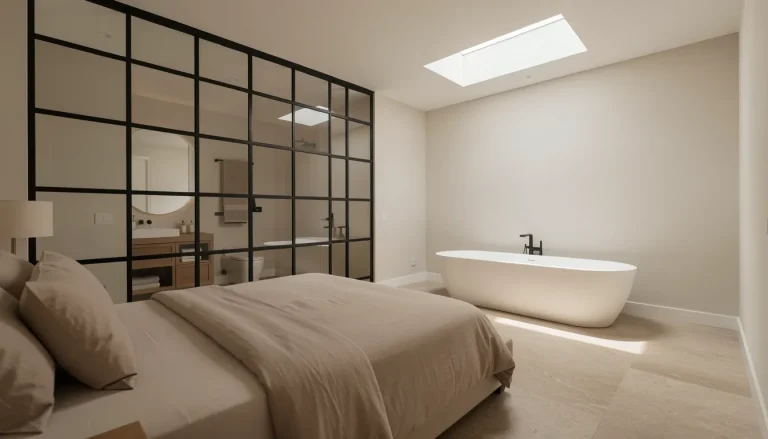 Suite parentale spacieuse avec salle de bain ouverte séparée par une verrière atelier, sol en grès cérame aspect pierre, lumière naturelle zénithale