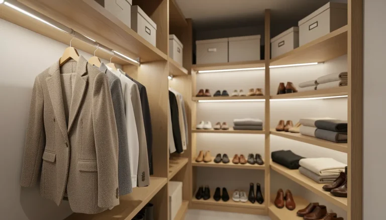 Dressing moderne éclairé par des réglettes LED intégrées aux étagères et barres de penderie